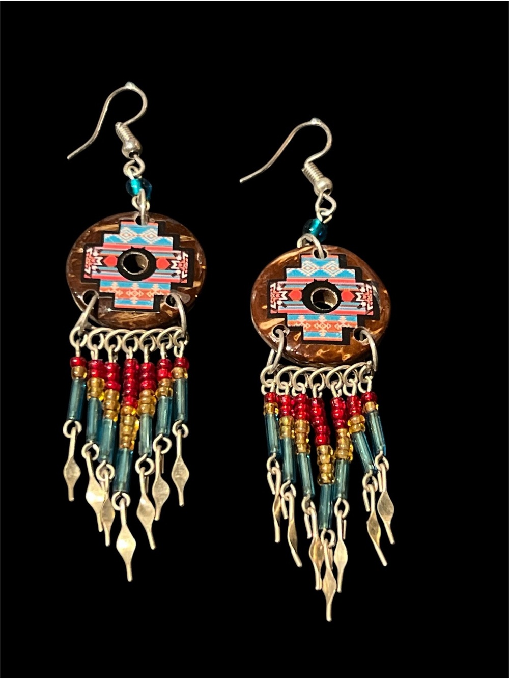 Boho Teal & Red Beaded Dangle Earrings